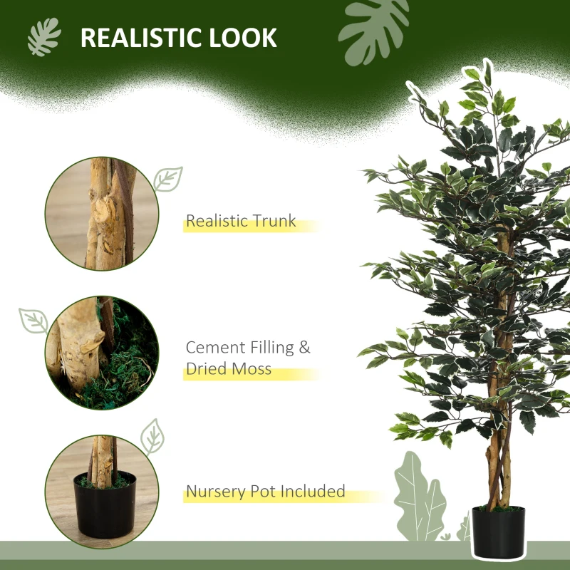 HOMCOM 4.3FT Artificial Ficus Tree, Fake Tree with Leaves, Faux Plant in Nursery Pot for Indoor Decoration