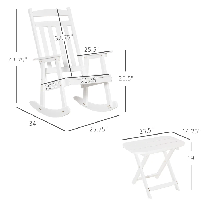 Outsunny Patio Wooden Rocking Chair with Table, Outdoor Rocker Set with High Back Armchair and Foldable Side Table for Backyard, Garden, Porch, White