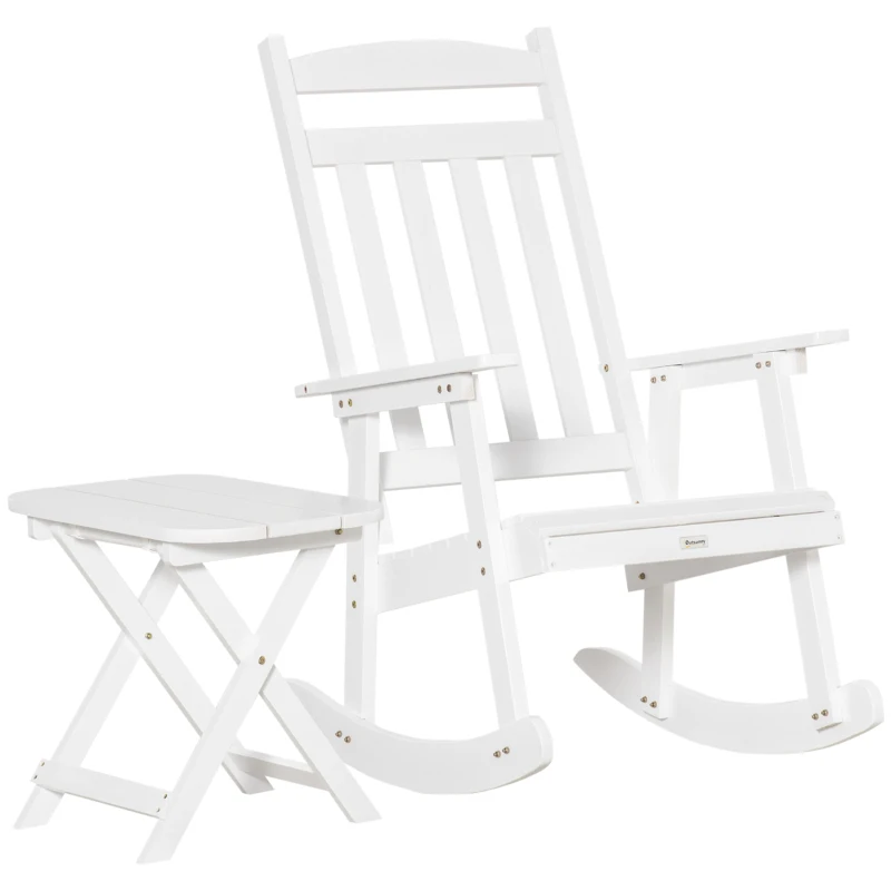 Outsunny Patio Wooden Rocking Chair with Table, Outdoor Rocker Set with High Back Armchair and Foldable Side Table for Backyard, Garden, Porch, White