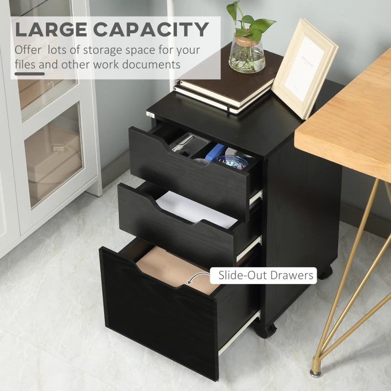 HOMCOM Vertical Filing Cabinet, 3 Drawer Mobile File Cabinet, Under Desk Office Storage Cabinet with Wheels, Black Wood Grain