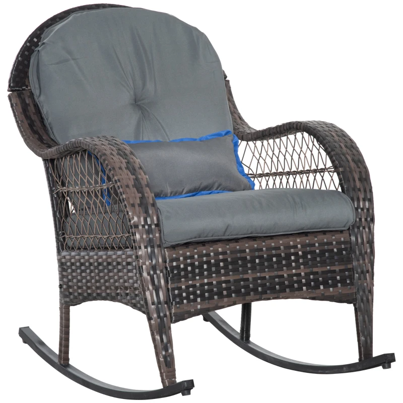 Outsunny Outdoor Rocking Chair with Seat and Back Cushion, Outdoor PE Rattan Garden Chair with Curved Armrests, for Porch, Backyard, Poolside, Grey