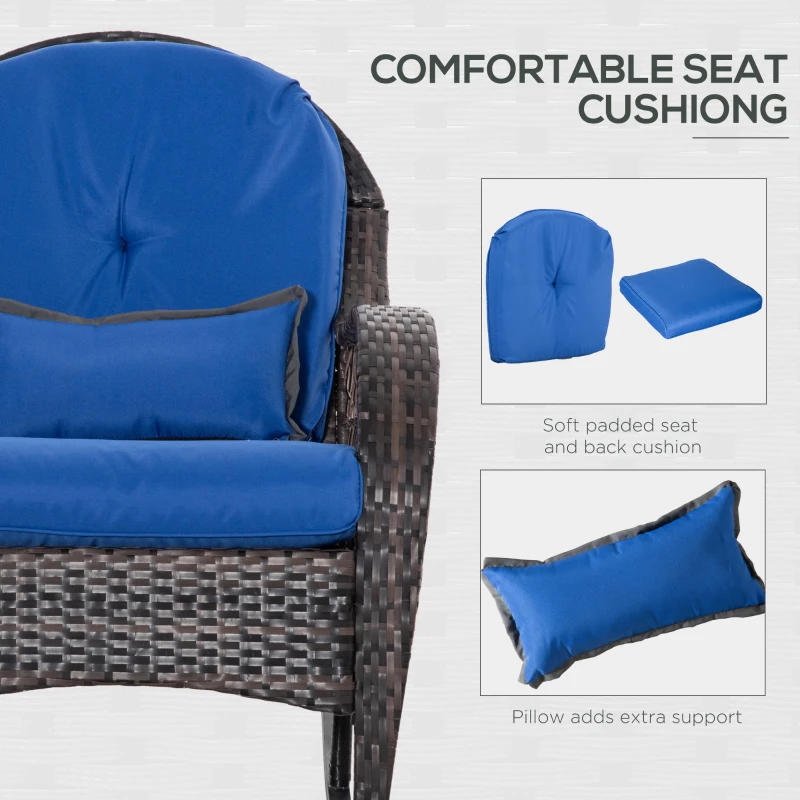 Outsunny Outdoor Rocking Chair with Seat and Back Cushion, Outdoor PE Rattan Garden Chair with Curved Armrests, for Porch, Backyard, Poolside, Blue