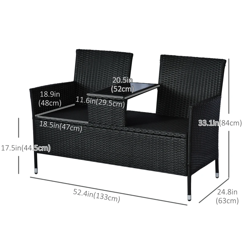 Outsunny 2 Seat Rattan Wicker Chair Garden Bench with Tea Table Backyard All Weather Padded Seat, Black