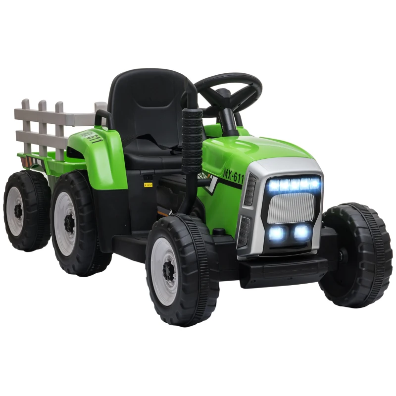 Aosom 12V Ride on Tractor with Trailer, 25W Dual Motors, Battery Powered Electric Tractor with Remote Control, Music Startup Sound and Horn, LED Lights, Green