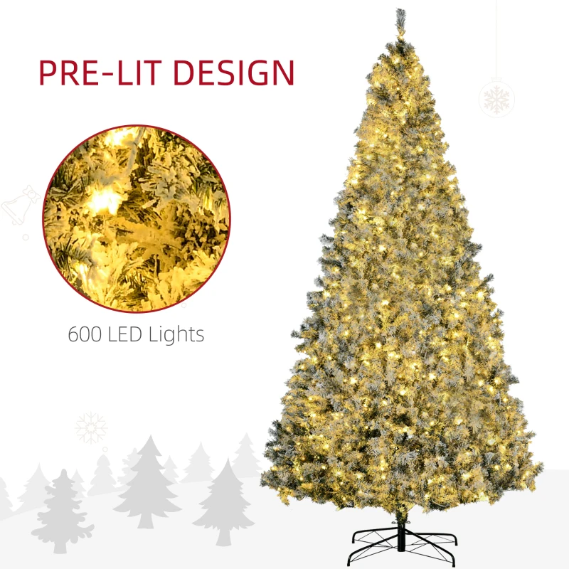 HOMCOM 9' Prelit Artificial Flocked Christmas Trees, with Snow Frosted Branches, Warm White LED Lights, Auto Open