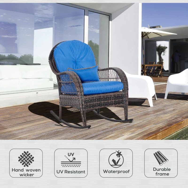 Outsunny Outdoor Rocking Chair with Seat and Back Cushion, Outdoor PE Rattan Garden Chair with Curved Armrests, for Porch, Backyard, Poolside, Blue