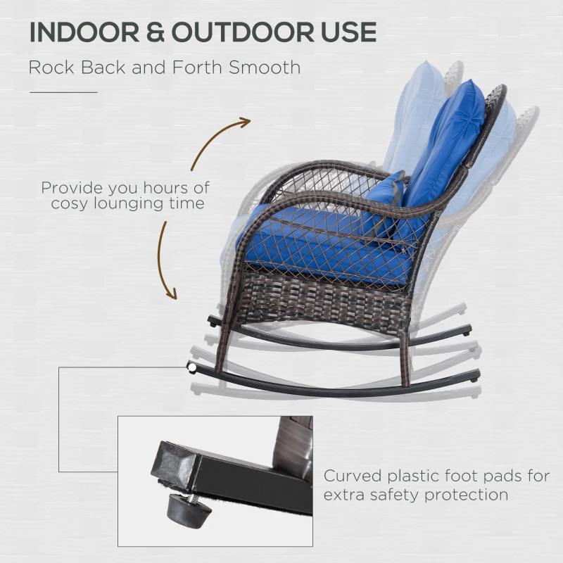 Outsunny Outdoor Rocking Chair with Seat and Back Cushion, Outdoor PE Rattan Garden Chair with Curved Armrests, for Porch, Backyard, Poolside, Blue
