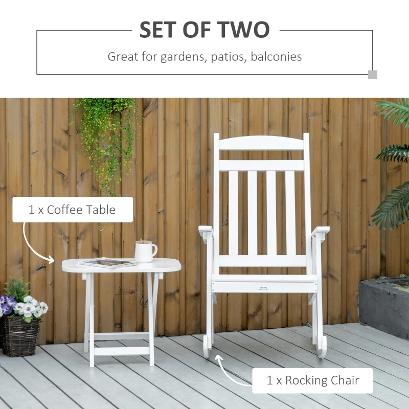 Outsunny 2 Pieces Wood Patio Bistro Set, Outdoor Rocking Chair Set with Armrests and High Back Rocking Chair and Portable Side Table, for Indoor, Outdoor, Patio, Backyard, White