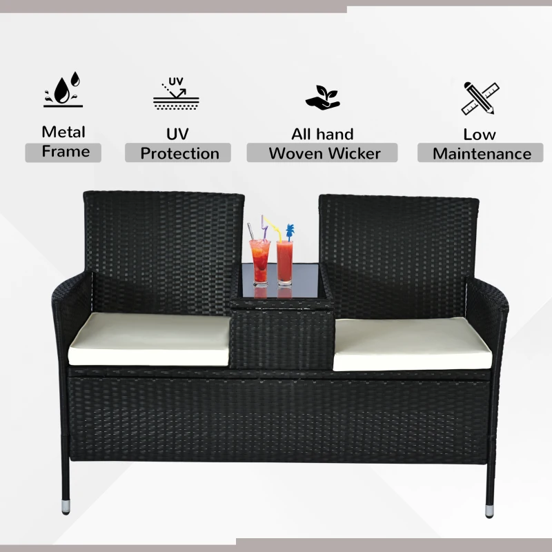 Outsunny 2 Seat Rattan Wicker Chair Garden Bench with Tea Table Backyard All Weather Padded Seat, Black
