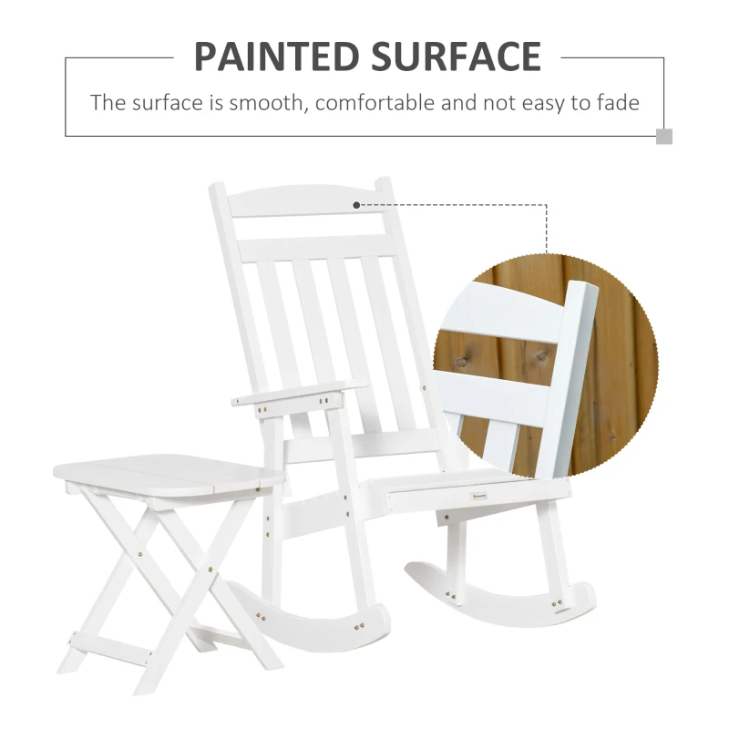 Outsunny Patio Wooden Rocking Chair with Table, Outdoor Rocker Set with High Back Armchair and Foldable Side Table for Backyard, Garden, Porch, White