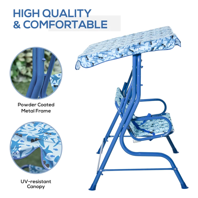 Outsunny 2-Seat Kids Porch Swing Chair, Children Outdoor Patio Furniture Lounge Chair for Garden, with Adjustable Canopy, Seat Belt, Shark Pattern, for 3-6 Years Old, Blue