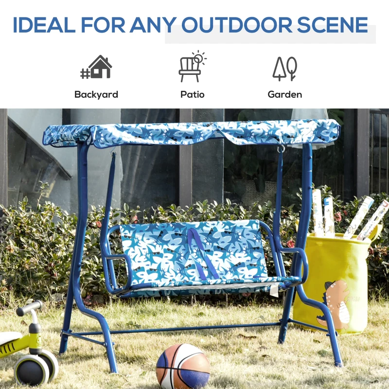 Outsunny 2-Seat Kids Porch Swing Chair, Children Outdoor Patio Furniture Lounge Chair for Garden, with Adjustable Canopy, Seat Belt, Shark Pattern, for 3-6 Years Old, Blue