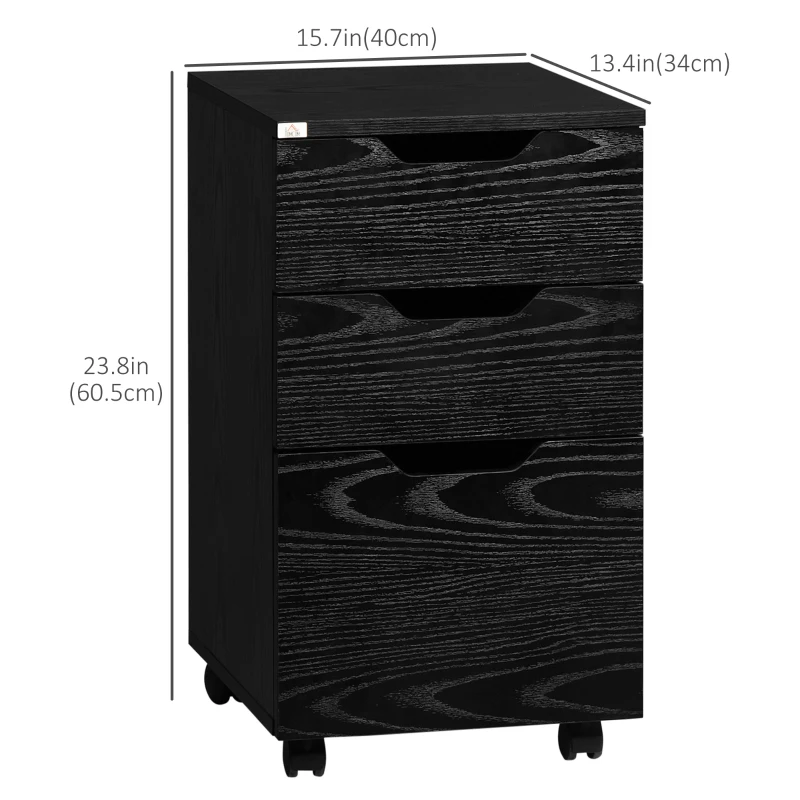 HOMCOM Vertical Filing Cabinet, 3 Drawer Mobile File Cabinet, Under Desk Office Storage Cabinet with Wheels, Black Wood Grain