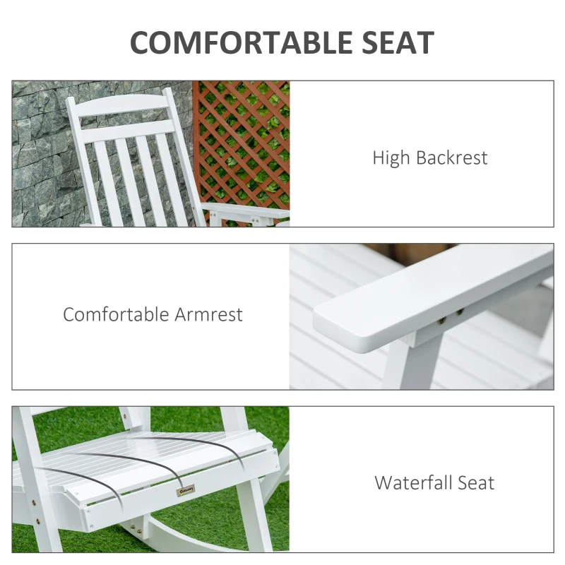 Outsunny Patio Wooden Rocking Chair with Table, Outdoor Rocker Set with High Back Armchair and Foldable Side Table for Backyard, Garden, Porch, White