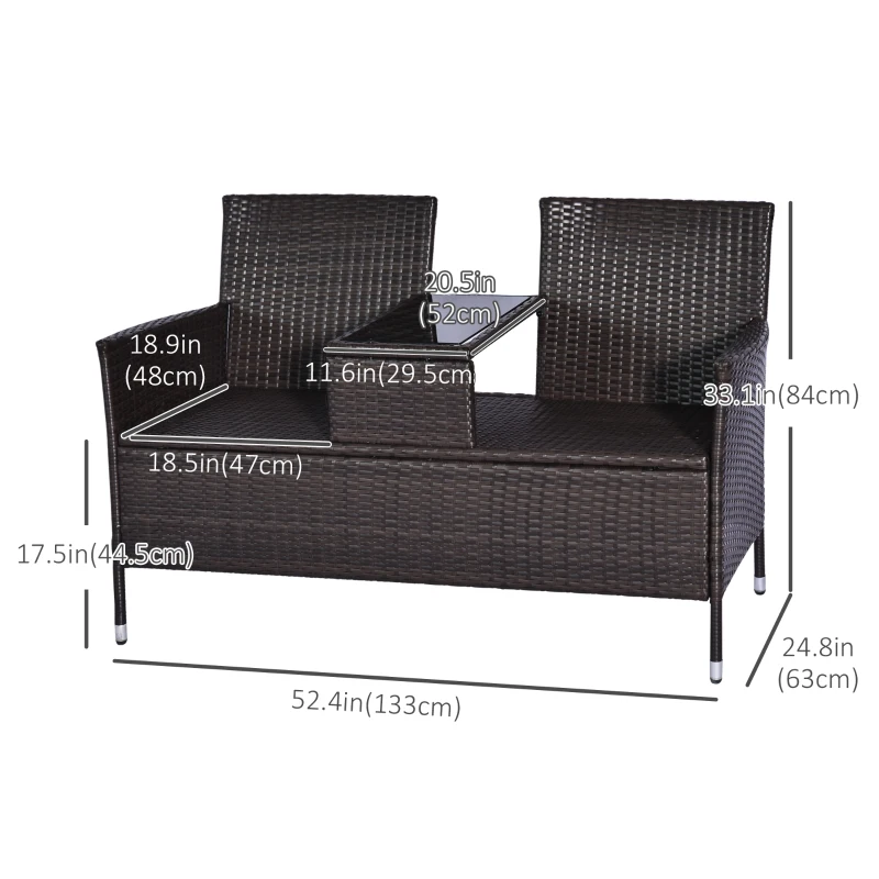 Outsunny 2 Seat Rattan Wicker Chair Garden Bench with Tea Table Backyard All Weather Padded Seat, Brown