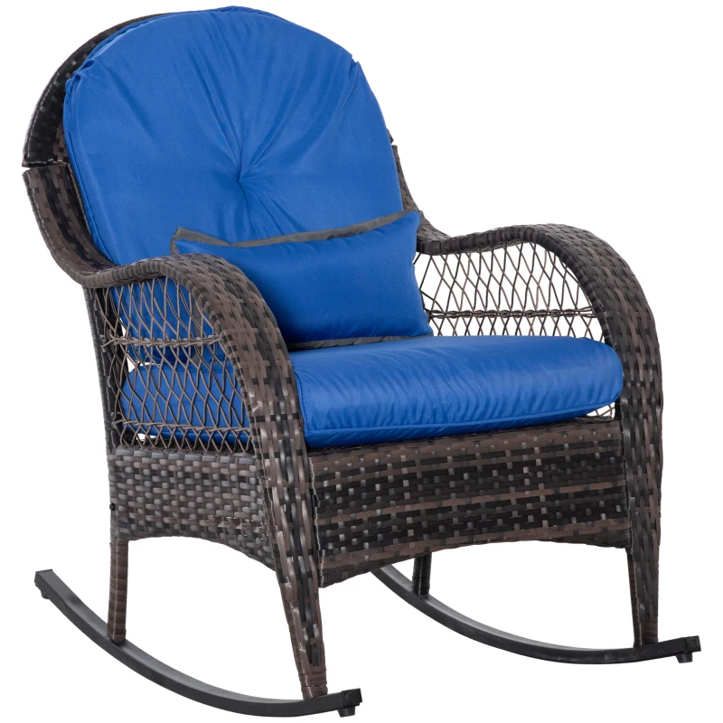 Outsunny Outdoor Rocking Chair with Seat and Back Cushion, Outdoor PE Rattan Garden Chair with Curved Armrests, for Porch, Backyard, Poolside, Blue