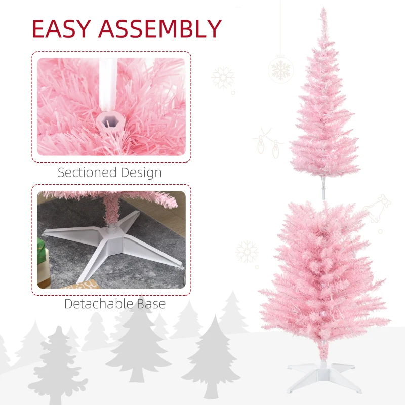 HOMCOM 5ft Pencil Christmas Tree, Slim Artificial Christmas Tree with Realistic Branches and Warm White LED Lights, Pink