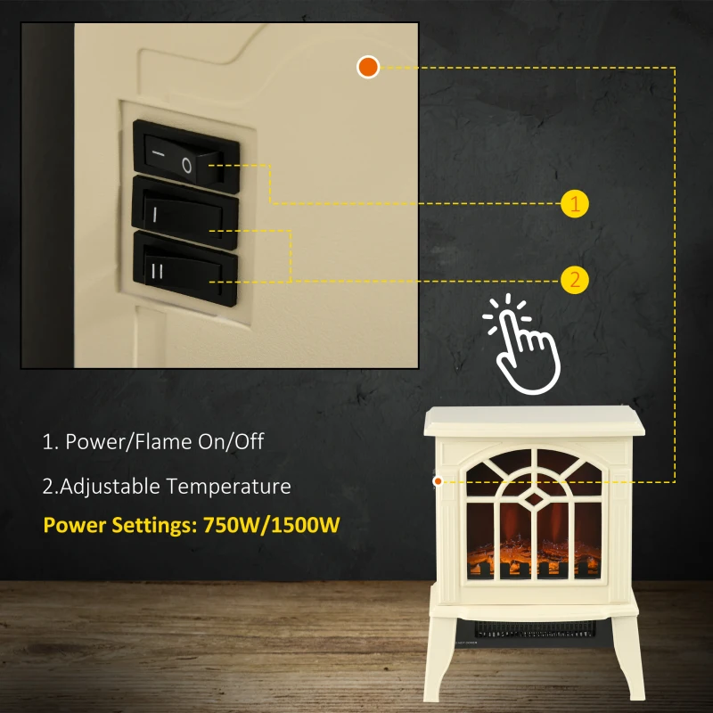 HOMCOM Electric Fireplace Heater, Freestanding Fireplace Stove with Realistic Flames Overheating Protection 750W/1500W, Cream