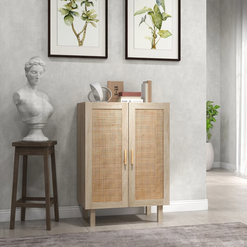 HOMCOM Boho Sideboard Buffet Cabinet, Natural Finish with 2 Rattan Doors, Elegant Storage Solution for Dining Room & Kitchen