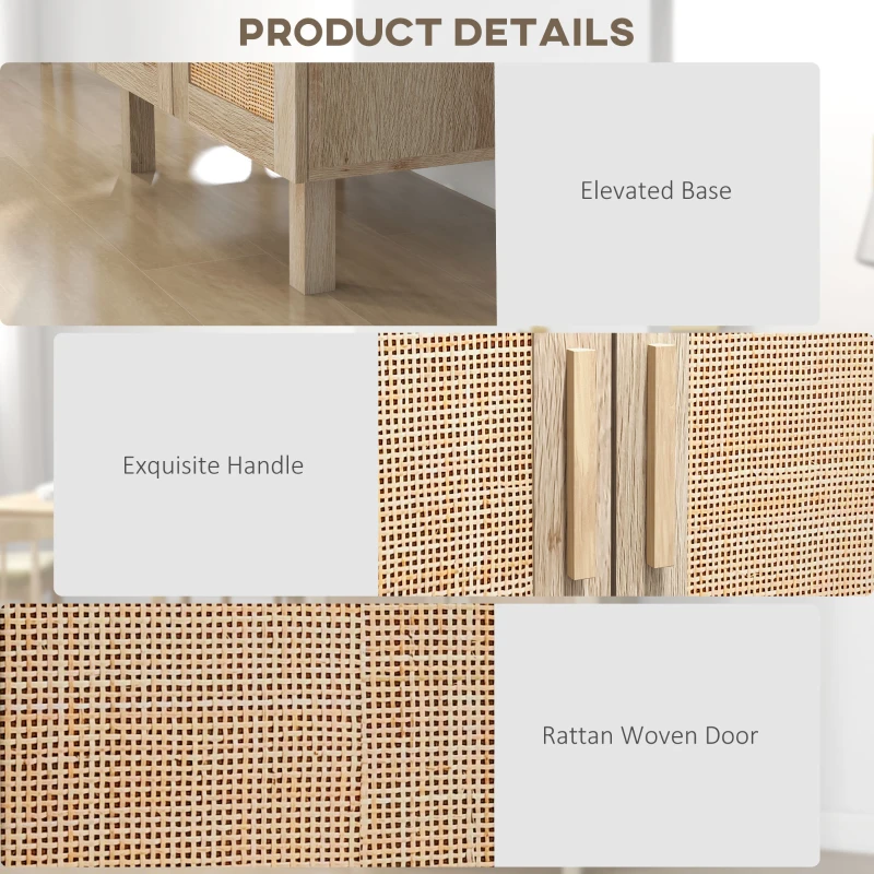 HOMCOM Boho Sideboard Buffet Cabinet, Natural Finish with 2 Rattan Doors, Elegant Storage Solution for Dining Room & Kitchen