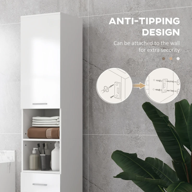 kleankin 71" Tall Bathroom Storage Cabinet, Narrow Linen Tower with Drawer, Open Shelves, 2 Doors Cabinets and Adjustable Shelves, High Gloss White