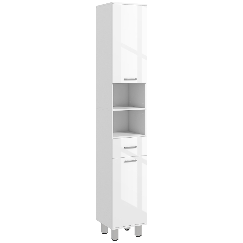 kleankin 71" Tall Bathroom Storage Cabinet, Narrow Linen Tower with Drawer, Open Shelves, 2 Doors Cabinets and Adjustable Shelves, High Gloss White