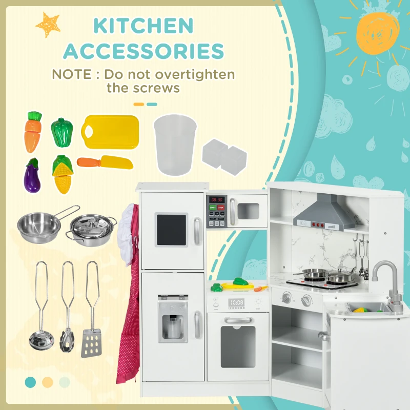 Qaba Play Kitchen Set for Kids w/ Apron and Chef Hat, Ice Maker White