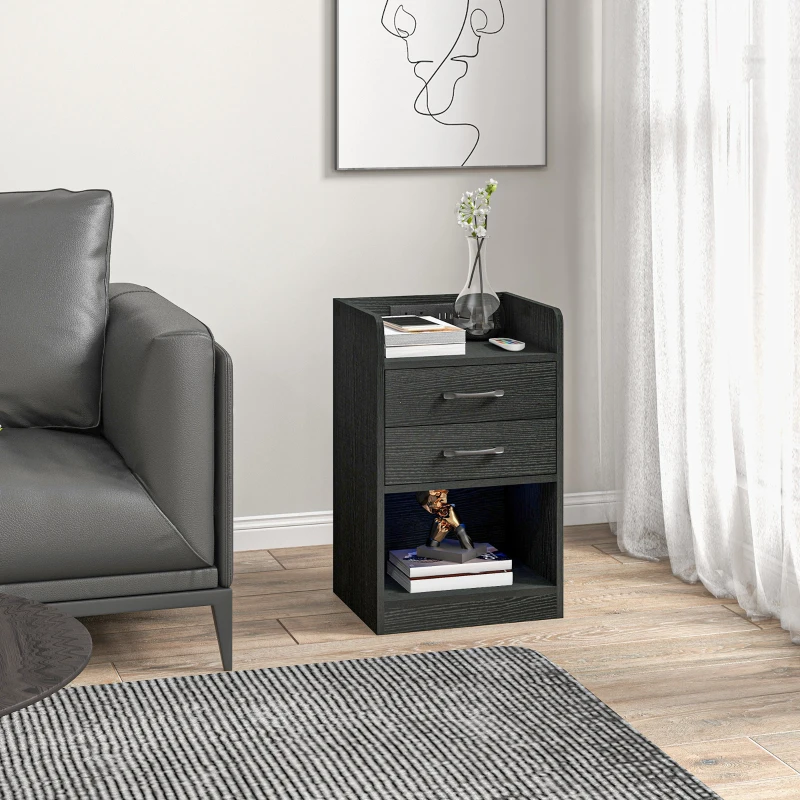HOMCOM Tall Nightstand with Charging Station and LED Lights, Small Bedside Table with AC Outlets, USB Ports, 2 Drawers, Shelf