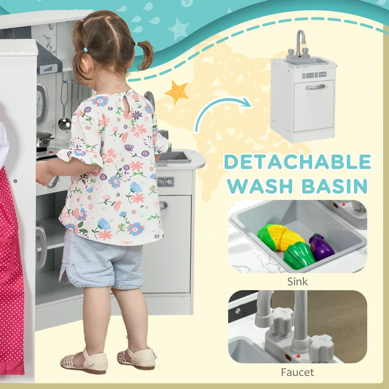 Qaba Play Kitchen Set for Kids w/ Apron and Chef Hat, Ice Maker White