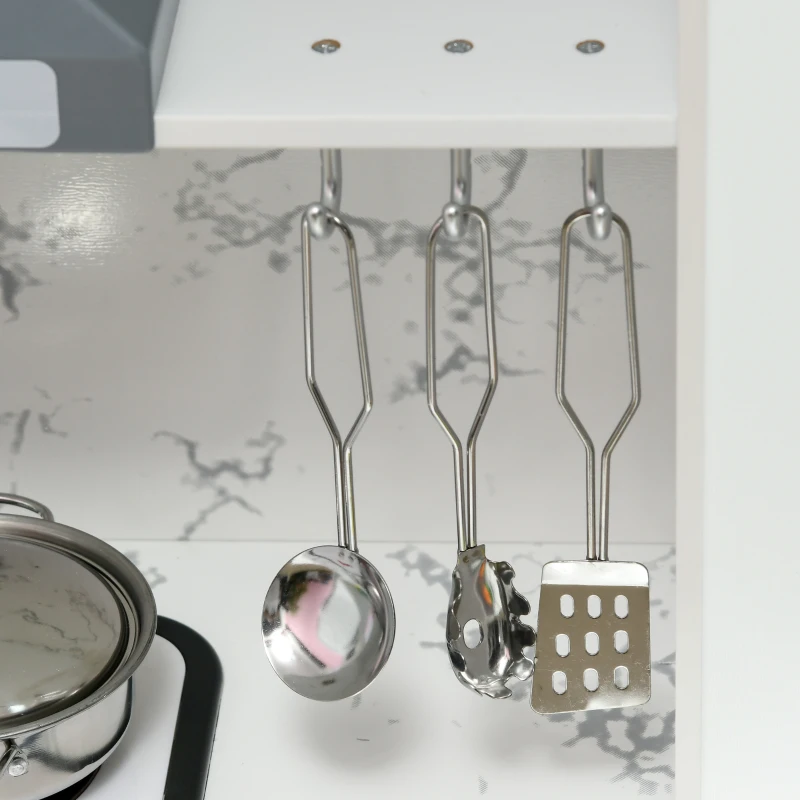 Qaba Play Kitchen Set for Kids w/ Apron and Chef Hat, Ice Maker White