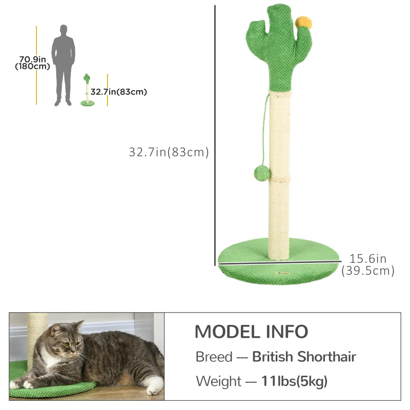 PawHut 33" Cactus Cat Scratching Post for Indoor Cats, Sisal Cat Scratcher with Hanging Ball, Green