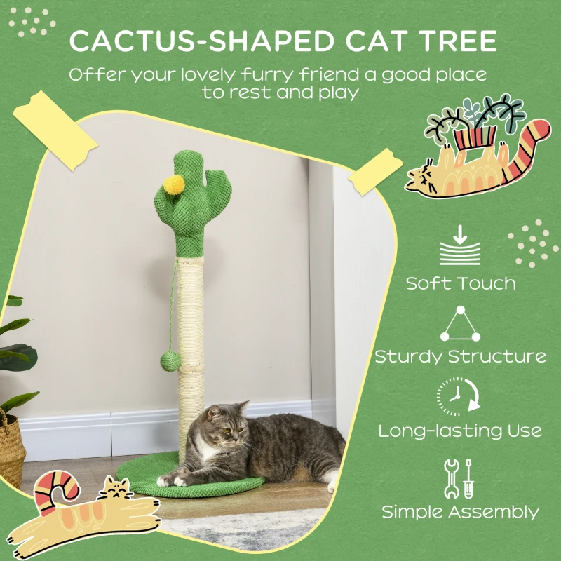 PawHut 33" Cactus Cat Scratching Post for Indoor Cats, Sisal Cat Scratcher with Hanging Ball, Green