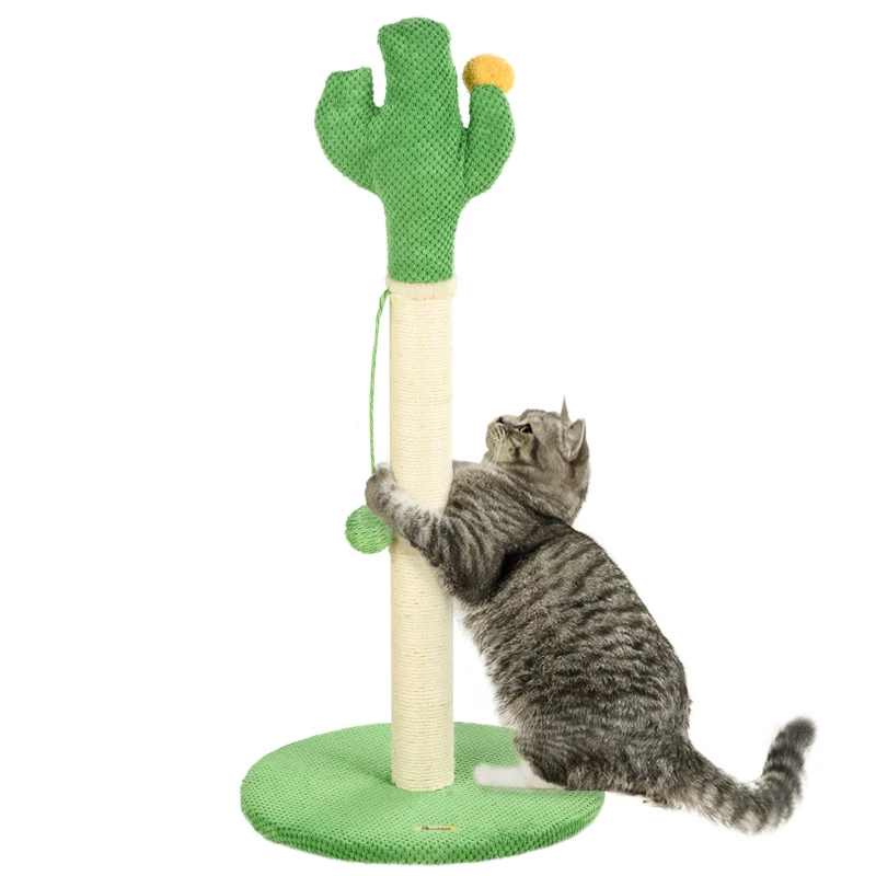 PawHut 33" Cactus Cat Scratching Post for Indoor Cats, Sisal Cat Scratcher with Hanging Ball, Green