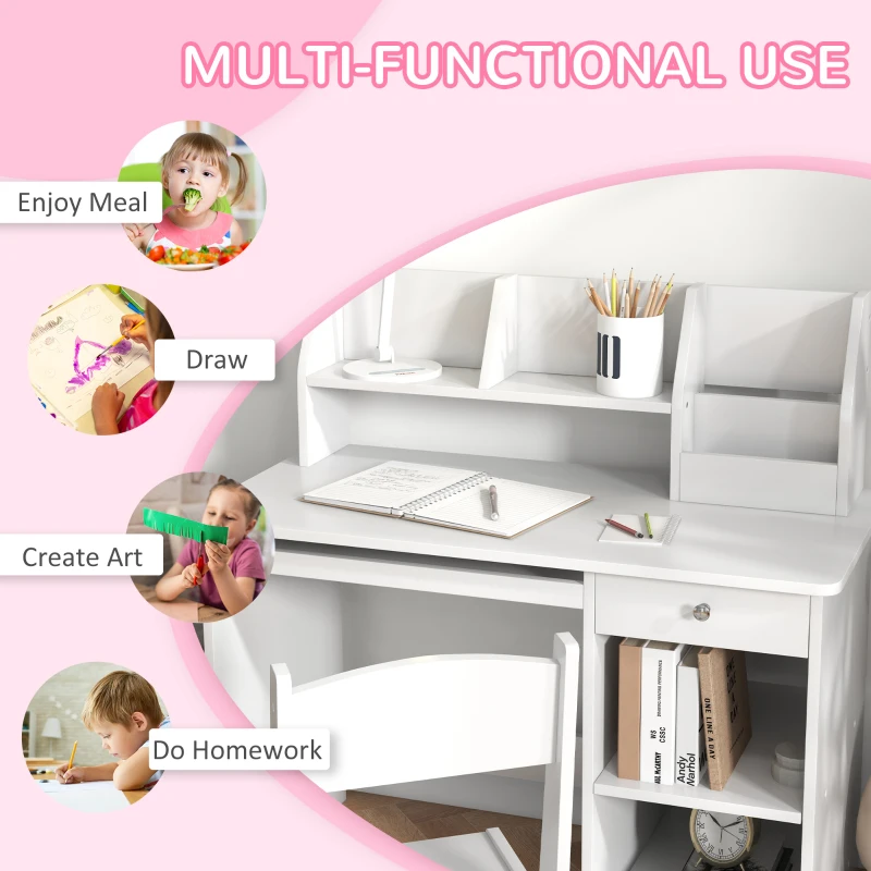 Qaba Kids Desk and Chair Set 5-8 Year Old with Storage, White
