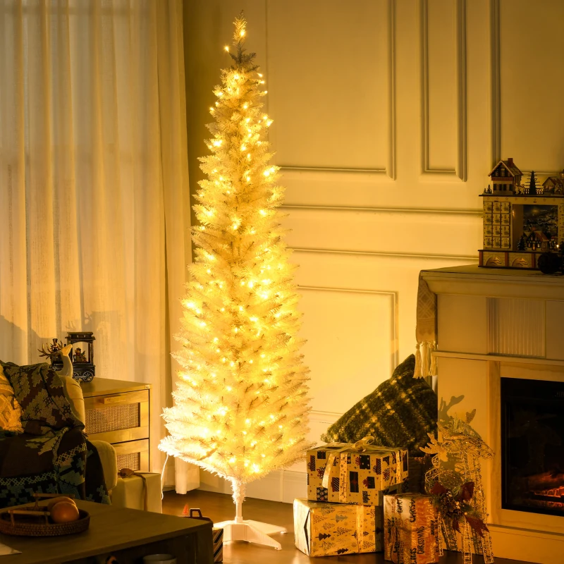 HOMCOM 6ft Pencil Christmas Tree, Slim Artificial Christmas Tree with Realistic Branches and Warm White LED Lights, White