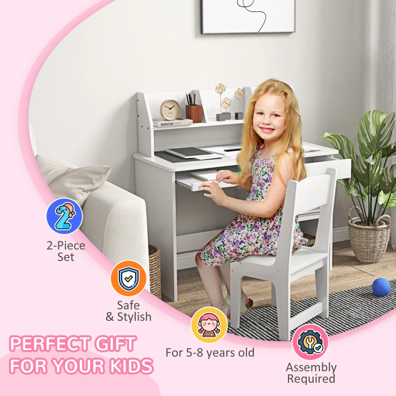 Qaba Kids Desk and Chair Set 5-8 Year Old with Storage, White