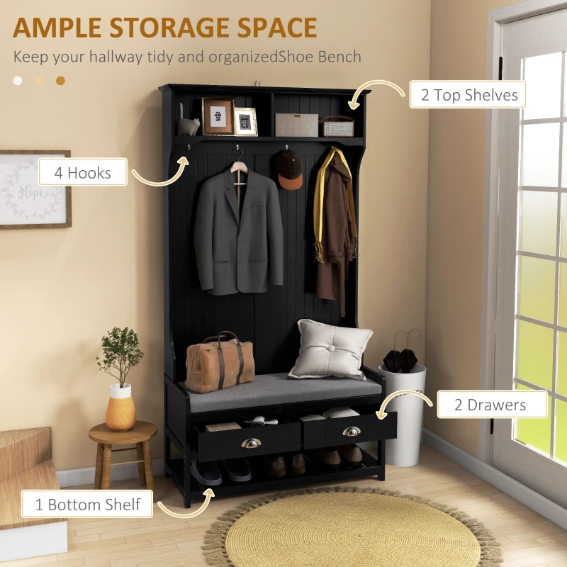 HOMCOM 3-in-1 Hall Tree, Entryway Bench with Coat Rack, Mudroom Bench with Shoe Rack, 2 Storage Drawers, 4 Hooks and Padded Seat Cushions for Hallway, Black