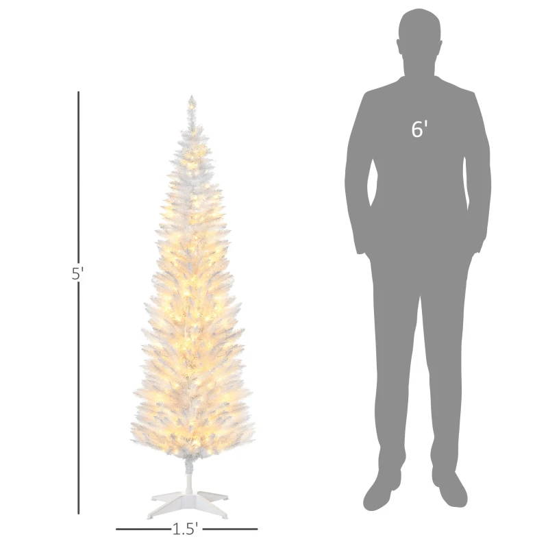 HOMCOM 5ft Pencil Christmas Tree, Slim Artificial Christmas Tree with Realistic Branches and Warm White LED Lights, White