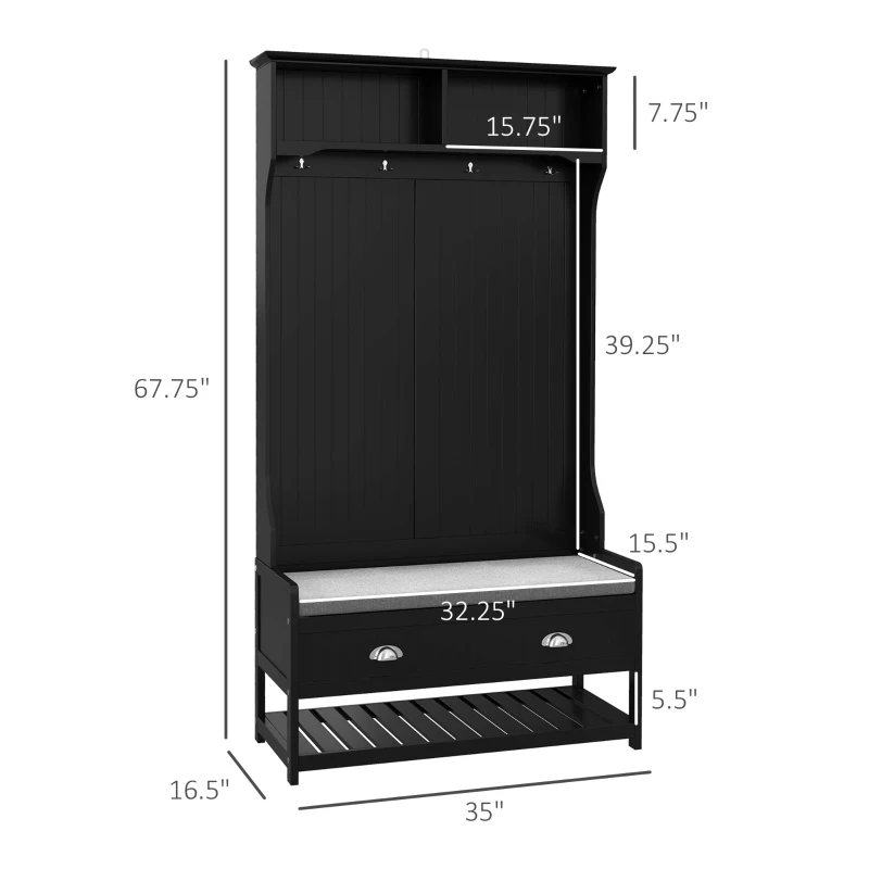 HOMCOM 3-in-1 Hall Tree, Entryway Bench with Coat Rack, Mudroom Bench with Shoe Rack, 2 Storage Drawers, 4 Hooks and Padded Seat Cushions for Hallway, Black