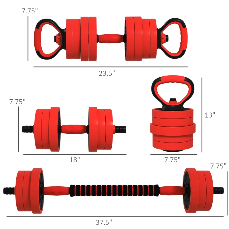 Soozier Adjustable Dumbbell Sets, 4 in1 Weights Dumbbells Set Used as Barbell, Kettlebells, Push up Stand, Free Weight Set for Men and Women Home Gym Training, Red 44lbs
