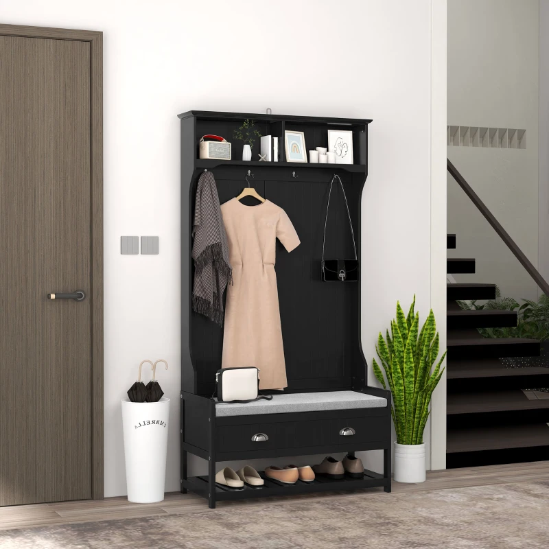 HOMCOM 3-in-1 Hall Tree, Entryway Bench with Coat Rack, Mudroom Bench with Shoe Rack, 2 Storage Drawers, 4 Hooks and Padded Seat Cushions for Hallway, Black