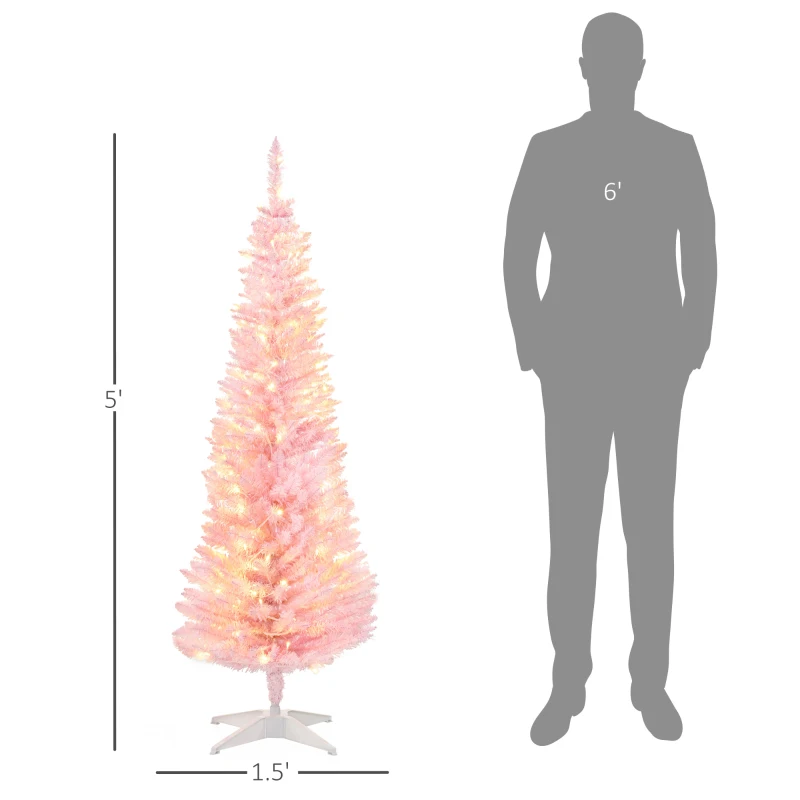 HOMCOM 5ft Pencil Christmas Tree, Slim Artificial Christmas Tree with Realistic Branches and Warm White LED Lights, Pink