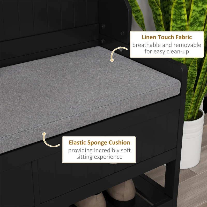HOMCOM 3-in-1 Hall Tree, Entryway Bench with Coat Rack, Mudroom Bench with Shoe Rack, 2 Storage Drawers, 4 Hooks and Padded Seat Cushions for Hallway, Black