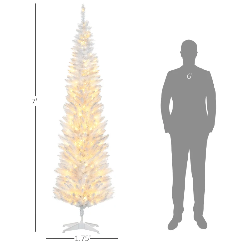 HOMCOM 7ft Pencil Christmas Tree, Slim Artificial Christmas Tree with Realistic Branches and Warm White LED Lights, White