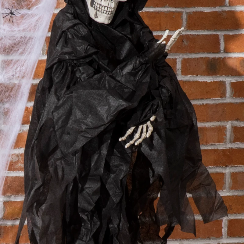 Outsunny 45" Outdoor Halloween Decorations Hanging Grim Reaper in Black Robe, Festival Animated Prop Décor with Sound and Motion Activated, Light Up Eyes
