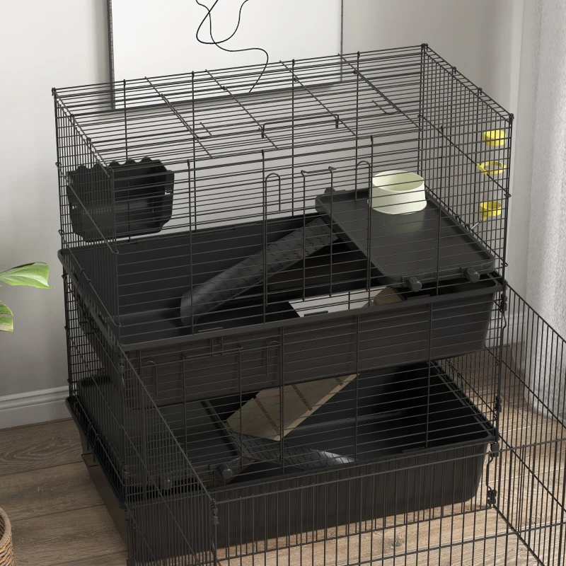PawHut Small Animal Cage with Playpen, Multi-level Pet Habitat Indoor for Guinea Pigs Hedgehogs Bunnies with Accessories, Water Bottle, Food Dish, Feeding Trough