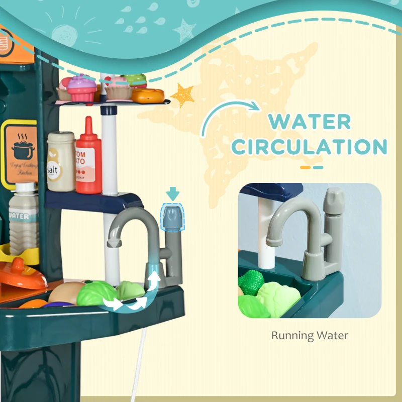 Qaba Toy Kitchen, 77 Pieces Kids Play Kitchen Role Playing Game with Sound and Light, Water Spray, Running Water