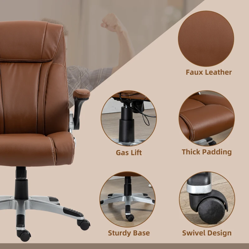 Vinsetto Executive Massage Office Chair with 6 Vibration Points, Heated Faux Leather Computer Desk Chair with Flip-up Armrest, Adjustable Height, Swivel Wheel, Brown