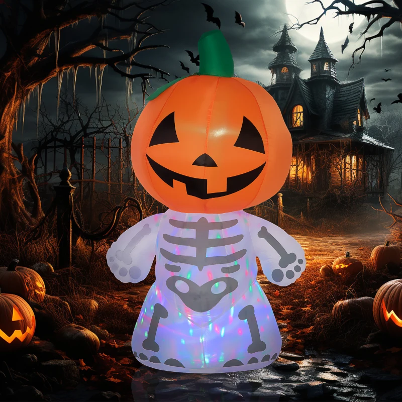 HOMCOM 6ft Halloween Inflatables Outdoor Decorations, Smiling Skeleton Ghost with Pumpkin Head, Blow Up LED Yard Decor for Garden, Lawn, Party, Holiday, Waterproof
