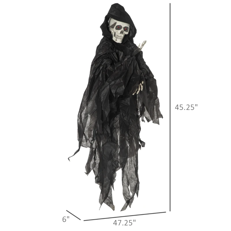 Outsunny 45" Outdoor Halloween Decorations Hanging Grim Reaper in Black Robe, Festival Animated Prop Décor with Sound and Motion Activated, Light Up Eyes